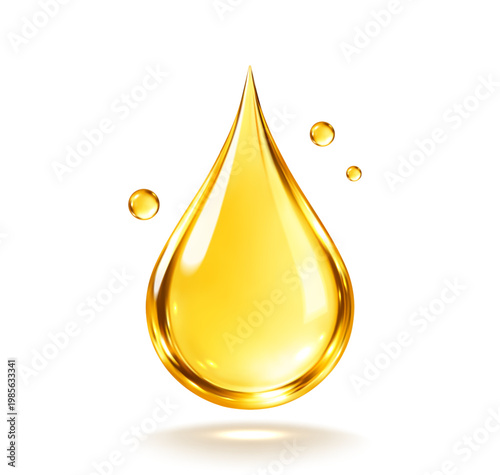 Golden cosmetic oil drop with bubbles isolated on white background. Collagen serum or hyaluronic acid skincare concept. Vector illustration