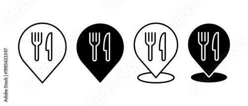Restaurant map pin icon set. Food, plate, fork, knife, spoon symbol