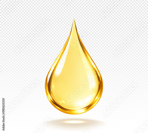 Golden cosmetic oil drop isolated on transparent background. Collagen serum or hyaluronic acid skincare concept. Vector illustration