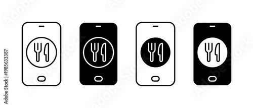 Online food order on smartphone icon set. Food, plate, fork, knife, spoon symbol