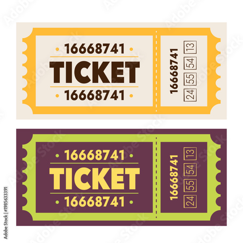 Ticket vector set in vintage flat style cinema and event admission coupons with serial numbers isolated on white background