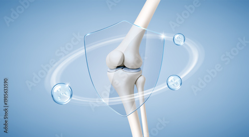Healthy knee joint protection concept with collagen molecules and transparent shield. Orthopedic healthcare vector illustration