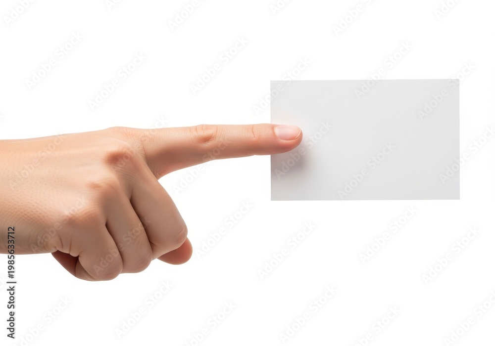 Obraz premium A person pointing at a blank white card against a white background.