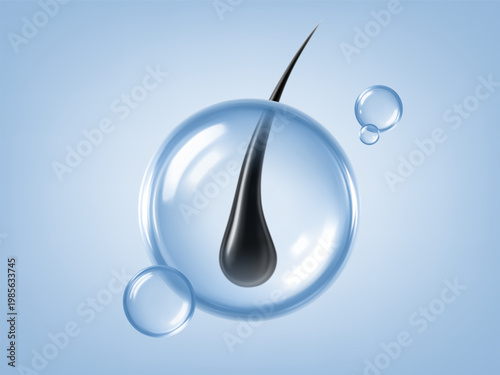 Hair follicle inside cosmetic serum bubble. Hair growth and scalp care concept. Realistic vector illustration