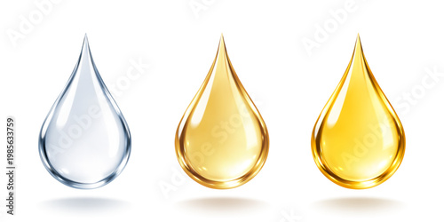 Realistic cosmetic liquid drops set. Transparent water serum and golden oil drops. Skincare product. Vector illustration