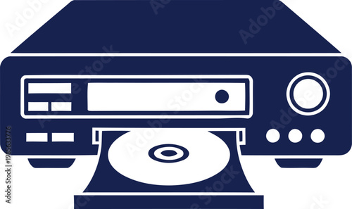 Blue icon of aDVD player with a disc tray open and aCD visible 