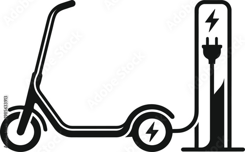 Electric scooter charging station vector illustration showing vehicle plugged into terminal for eco friendly city travel.