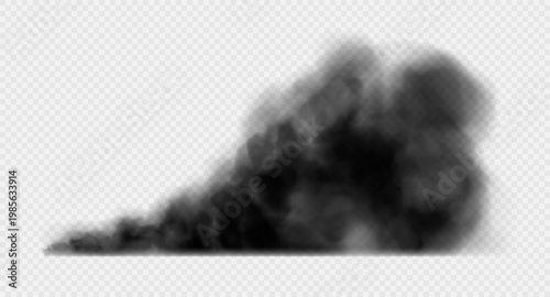 Black smoke cloud isolated on transparent background. Toxic smog, fog or explosion smoke effect. Realistic vector illustration