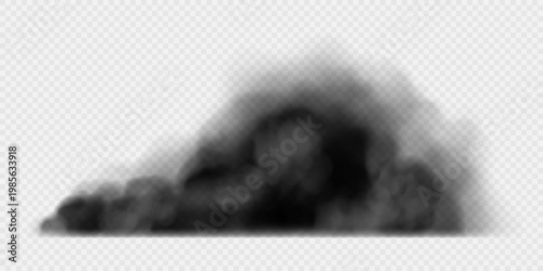 Black smoke cloud isolated on transparent background. Toxic smog, fog or explosion smoke effect. Realistic vector illustration