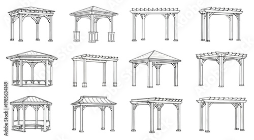 Collection of various gazebo and pergola architectural line art sketches for garden and backyard design