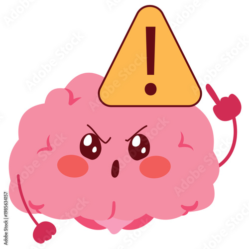 Cartoon vector illustration of a furious brain standing next to a yellow caution sign, symbolizing mental health urgency, burnout, high-risk awareness, and psychological pressure