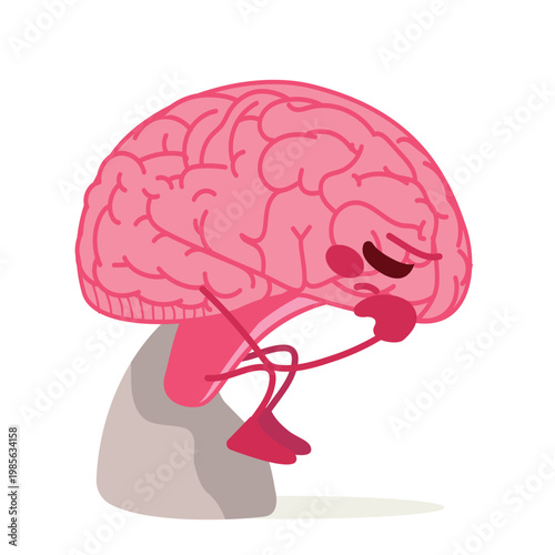 Cartoon vector illustration of a human brain in a side profile, mimicking the iconic "Thinker" sculpture pose concept for editorial content, mental health awareness and psychology blogs