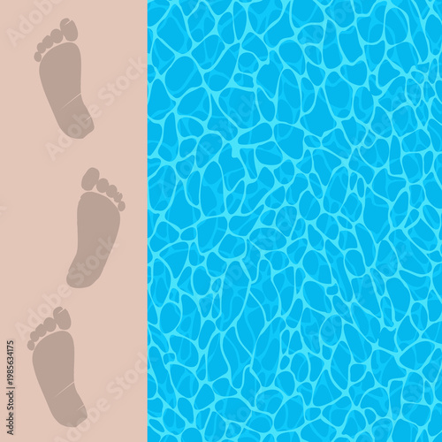 Vector illustration damp human footprints leading away from a swimming pool edge concept for summer vacation, luxury travel, poolside relaxation and aquatic leisure activities