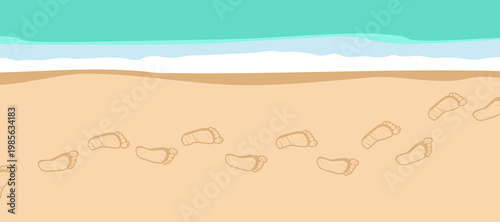 Vector illustration of barefoot tracks walking along a sandy shoreline with a turquoise sea background concept for freedom, tropical travel, peace and coastal exploration