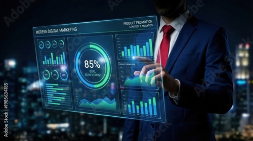 A businessman in a suit interacts with a futuristic digital dashboard at night