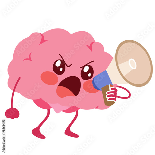 Cartoon vector illustration of a brain character using a megaphone to shout loudly. Ideal for themes of mental health advocacy, strong communication, social protest, emotional outbursts and public spe