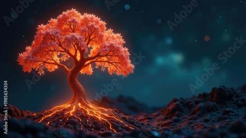 A tree with vibrant red leaves growing on a rocky hill