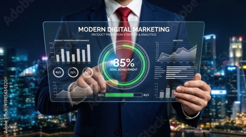 A businessman in a suit interacts with a modern digital marketing interface at night