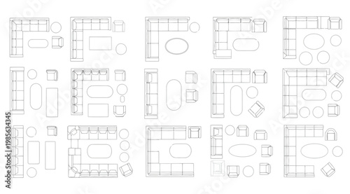 Set of living room furniture floor plan layouts featuring sectional sofas, coffee tables and armchairs