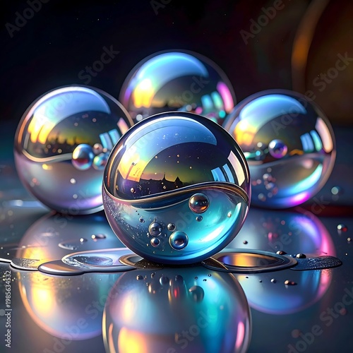 Iridescent orbs reflecting light on a surface
