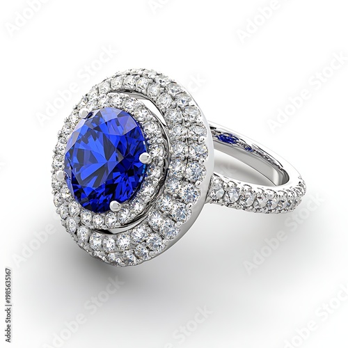 Blue sapphire engagement ring surrounded by sparkling diamond halo