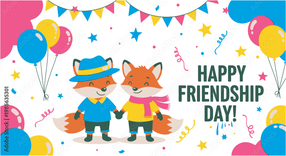 Fototapeta premium Friendship Day Cute cartoon foxes holding hands with balloons and bunting for Happy Friendship Day celebration vector banner illustration