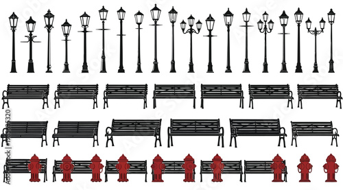 Set of street furniture including park benches and lamp posts