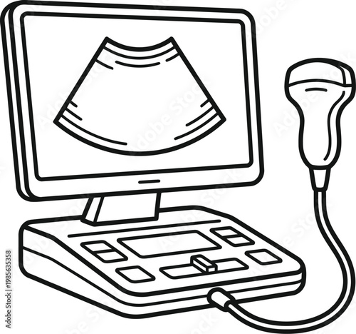 Medical ultrasound machine with probe and display showing internal body scan black outline vector illustration.