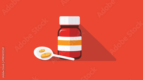 A medical illustration showcasing a pill bottle, pills on a spoon, and shadow on a red background