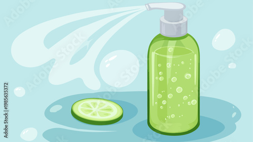 Cartoon style illustration of a green liquid dispenser, with cucumber and bubbly water effects