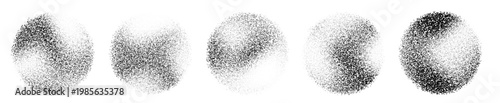 Abstract gradient spheres with grainy dot texture and radial halftone effect, vector illustrations isolated on white background. Graphic designs with noise pattern and circular spray brush diffusion.