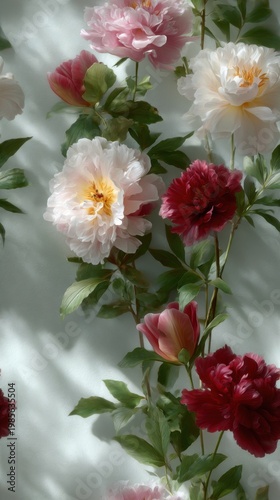 Blooming peonies with vibrant pink, white and red petals and lush green leaves form a soft botanical pattern, evoking spring elegance and delicate natural beauty in gentle light