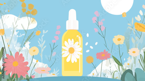 A floral illustration featuring a chamomile-infused beauty product with dropper amid a blue sky and flowers