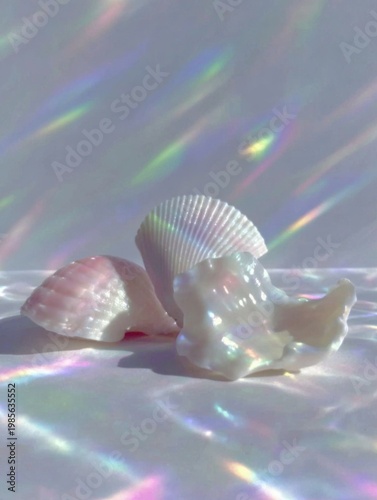 Seashells on a surface reflecting soft light and iridescent rainbows creating a holographic aesthetic with subtle pastel colors, showing ethereal beauty and tranquility