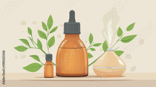 Still life of essential oil bottles, diffuser with steam, and green plant branches