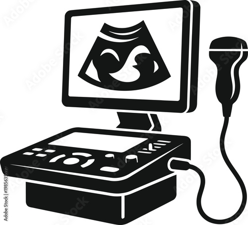 Medical ultrasound machine with probe and display showing fetus silhouette black solid vector illustration.