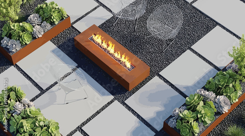 Modern patio design with fire pit and succulent planters