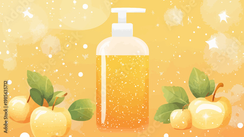 Artistic depiction of a dispenser with a liquid substance surrounded by green leaves and yellow apples