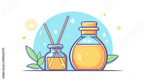 Stylized illustration of essential oils with diffuser and a bottle, presented with green leaves