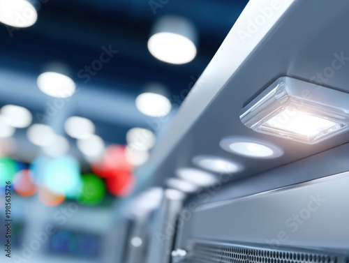 Modern LED lighting illuminating a contemporary interior with recessed spotlights and a bright square fixture, highlighting energy efficiency and smart technology