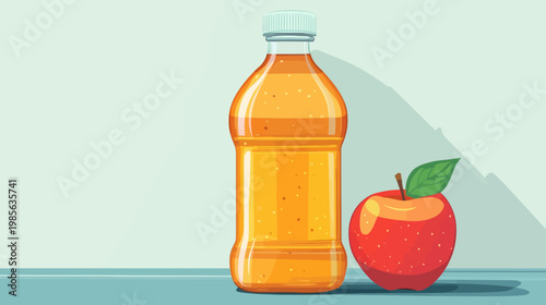 A bottle of juice and a red apple sit side-by-side, suggesting a fresh, healthy beverage