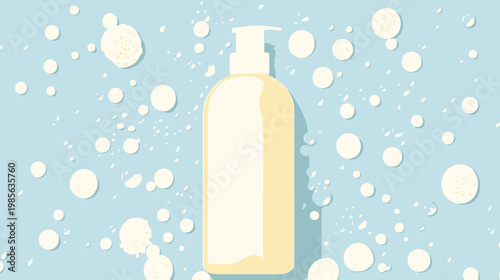 Stylized illustration of a pump bottle surrounded by abstract bubbles on a light blue background