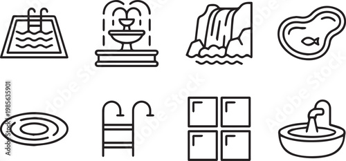 Minimalist water feature line icons, set of 8 vector symbols including swimming pool, fountain, and waterfall, modern landscape design elements
