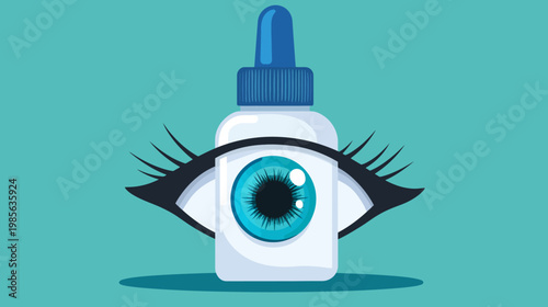 A medical illustration of an eye with long lashes in front of an eye drop bottle