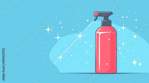 A cartoon illustration of a red spray bottle on a light blue background with sparkles