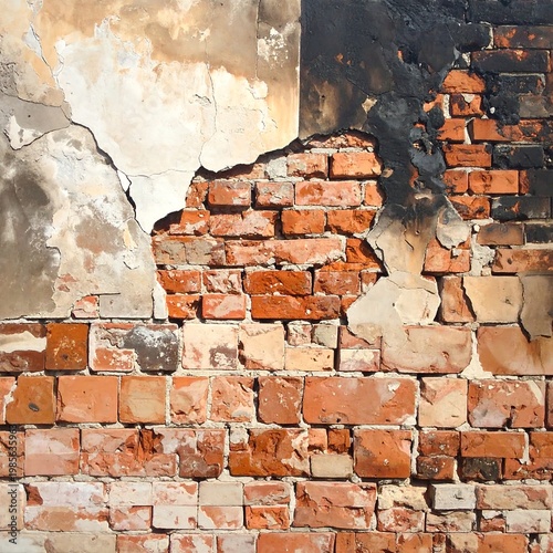 A close-up of a damaged brick wall with peeling plaster