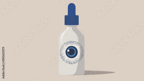 A medical illustration of a bottle of eye drops with a stylized eye in the front