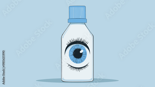 Illustration of an eye artfully applied to a bottle, all set against a tranquil blue backdrop