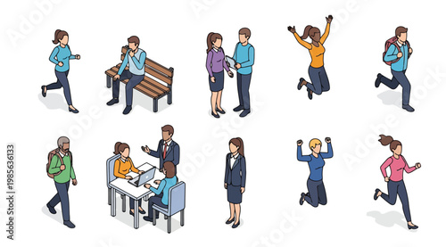 Set of isometric people characters in various daily activities and office situations