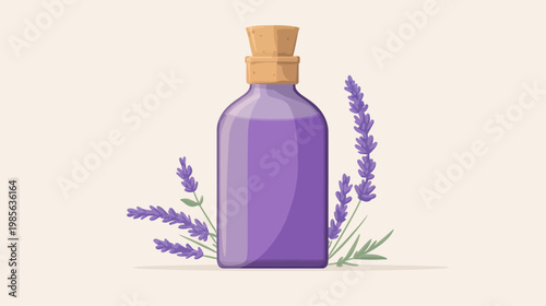 A cartoon illustration features a purple bottle with a cork, surrounded by lavender sprigs